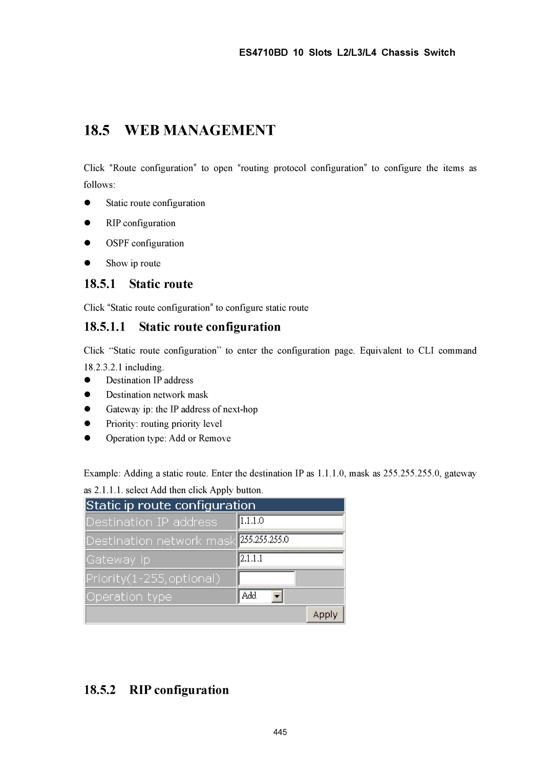 Accton Technology ES4710BD manual Static route configuration, RIP configuration 