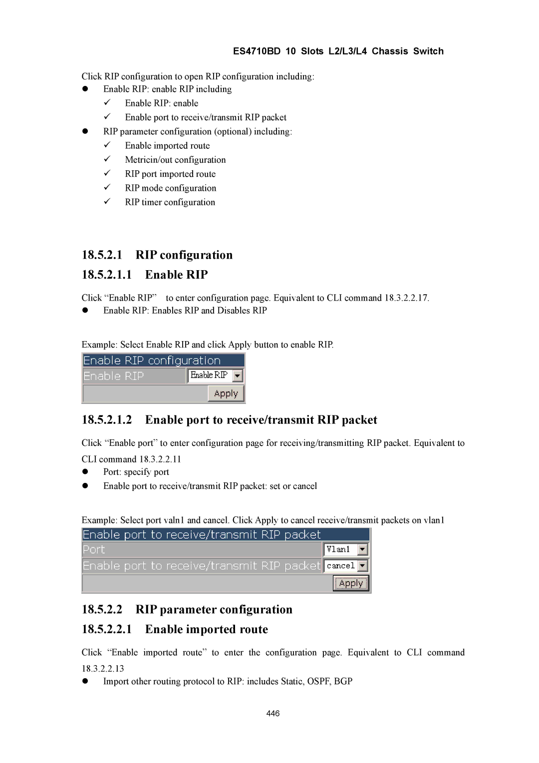 Accton Technology ES4710BD manual RIP configuration Enable RIP, Enable port to receive/transmit RIP packet 