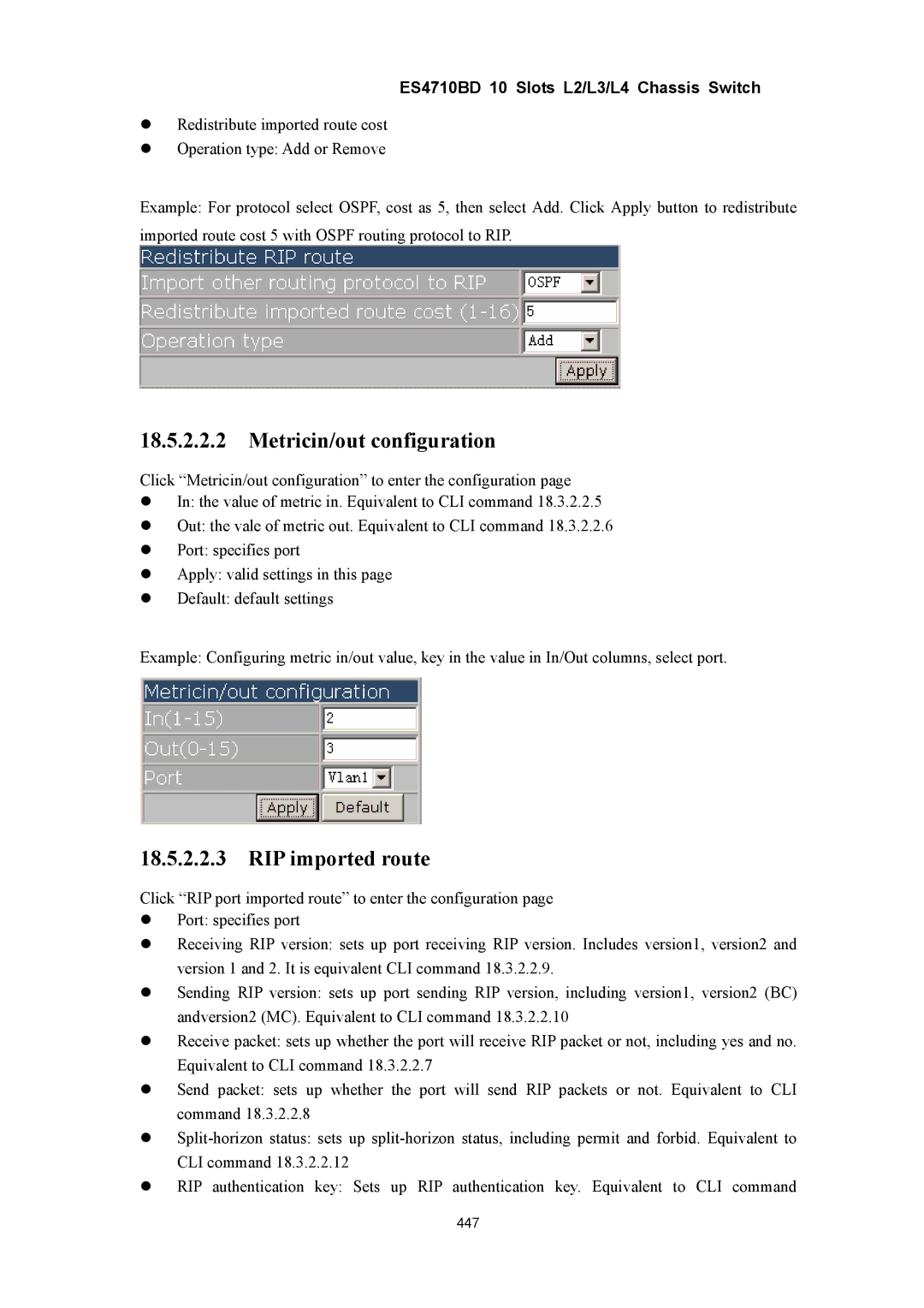 Accton Technology ES4710BD manual Metricin/out configuration, RIP imported route 