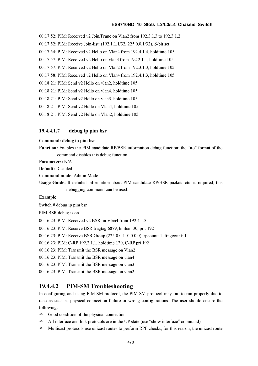 Accton Technology ES4710BD manual PIM-SM Troubleshooting, Debug ip pim bsr, Command debug ip pim bsr 