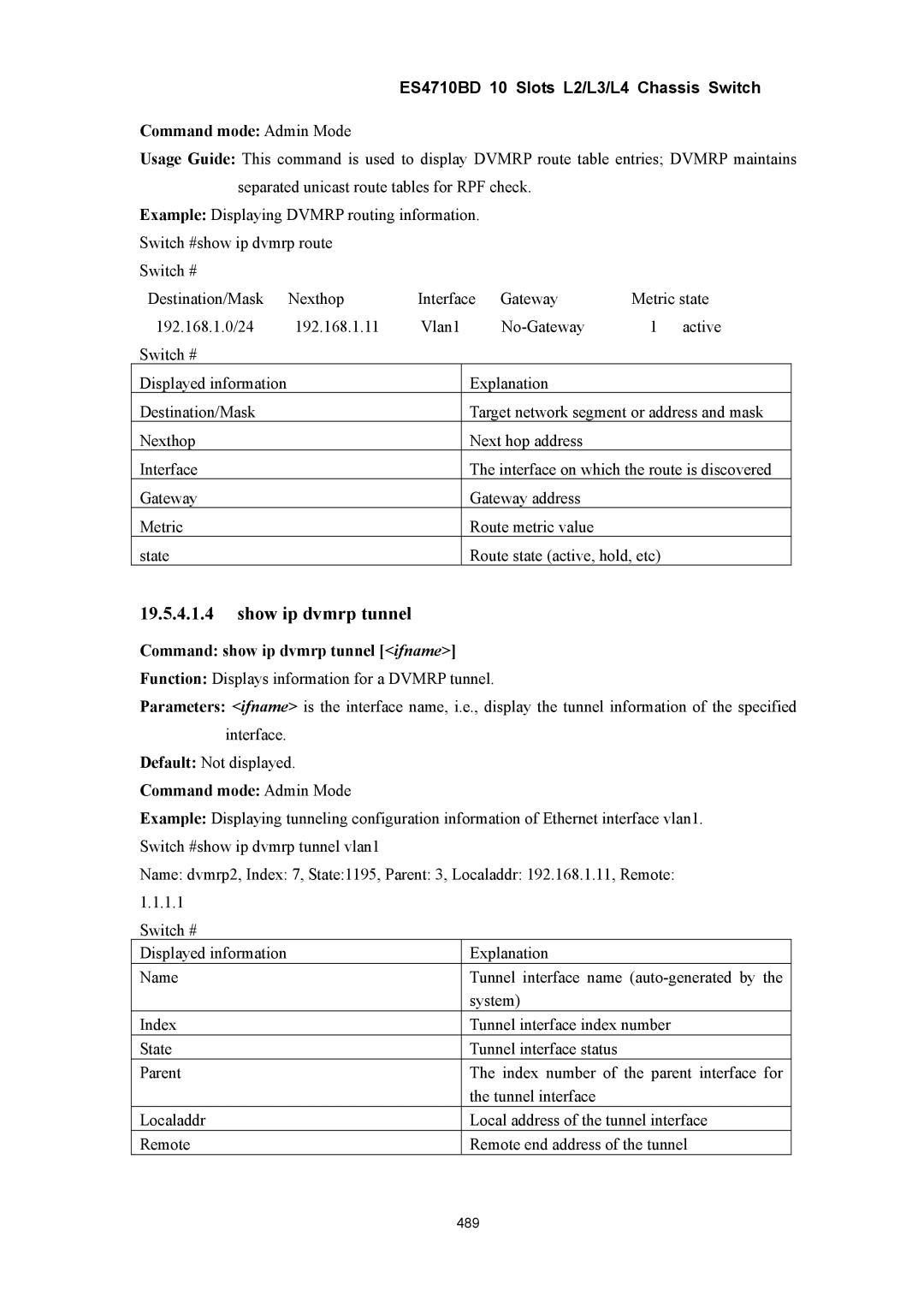 Accton Technology ES4710BD manual Show ip dvmrp tunnel, Command show ip dvmrp tunnel ifname 