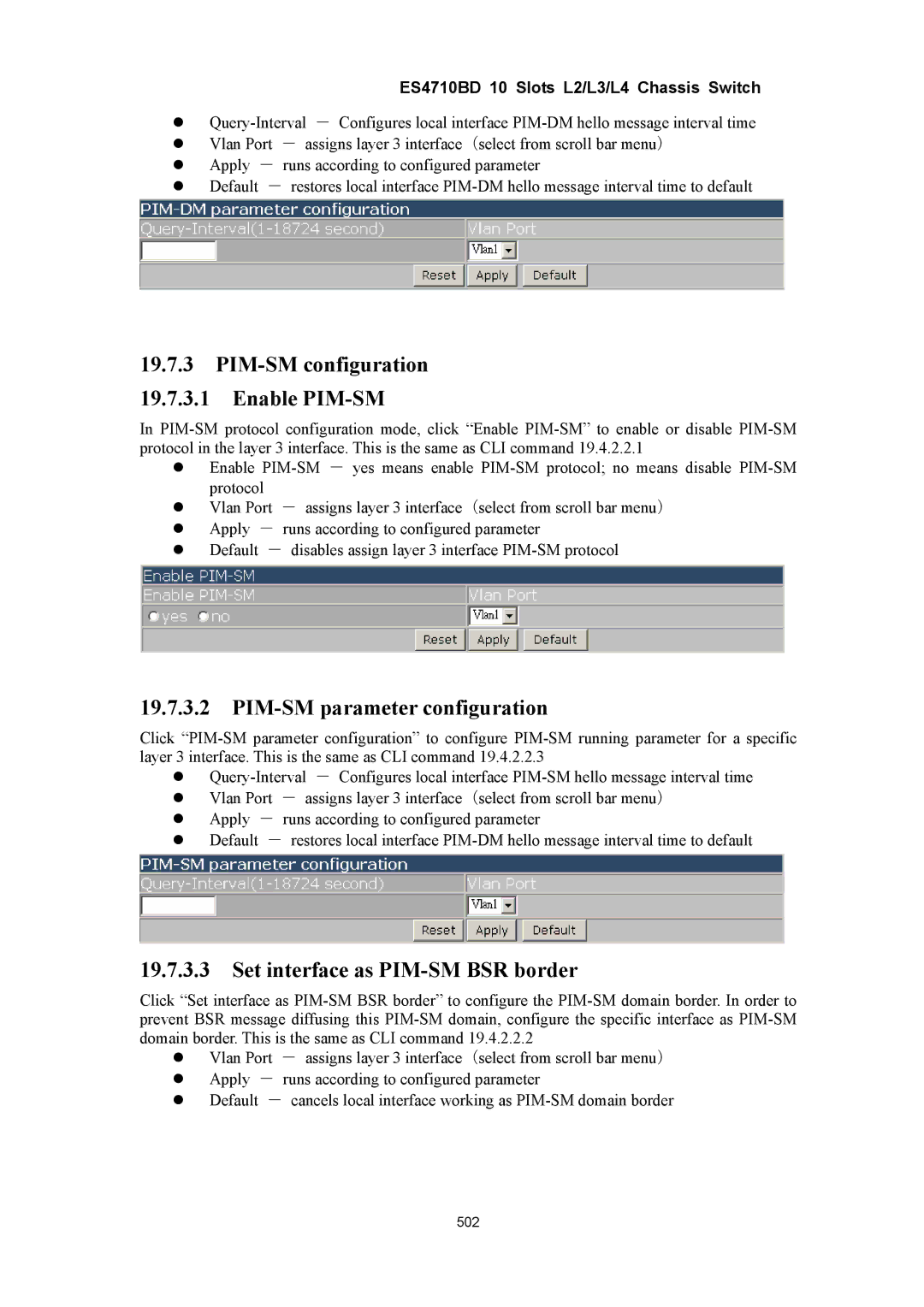 Accton Technology ES4710BD manual PIM-SM configuration Enable PIM-SM, PIM-SM parameter configuration 