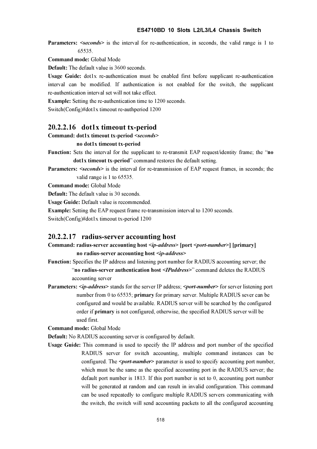 Accton Technology ES4710BD manual 20.2.2.16 dot1x timeout tx-period, Radius-server accounting host 