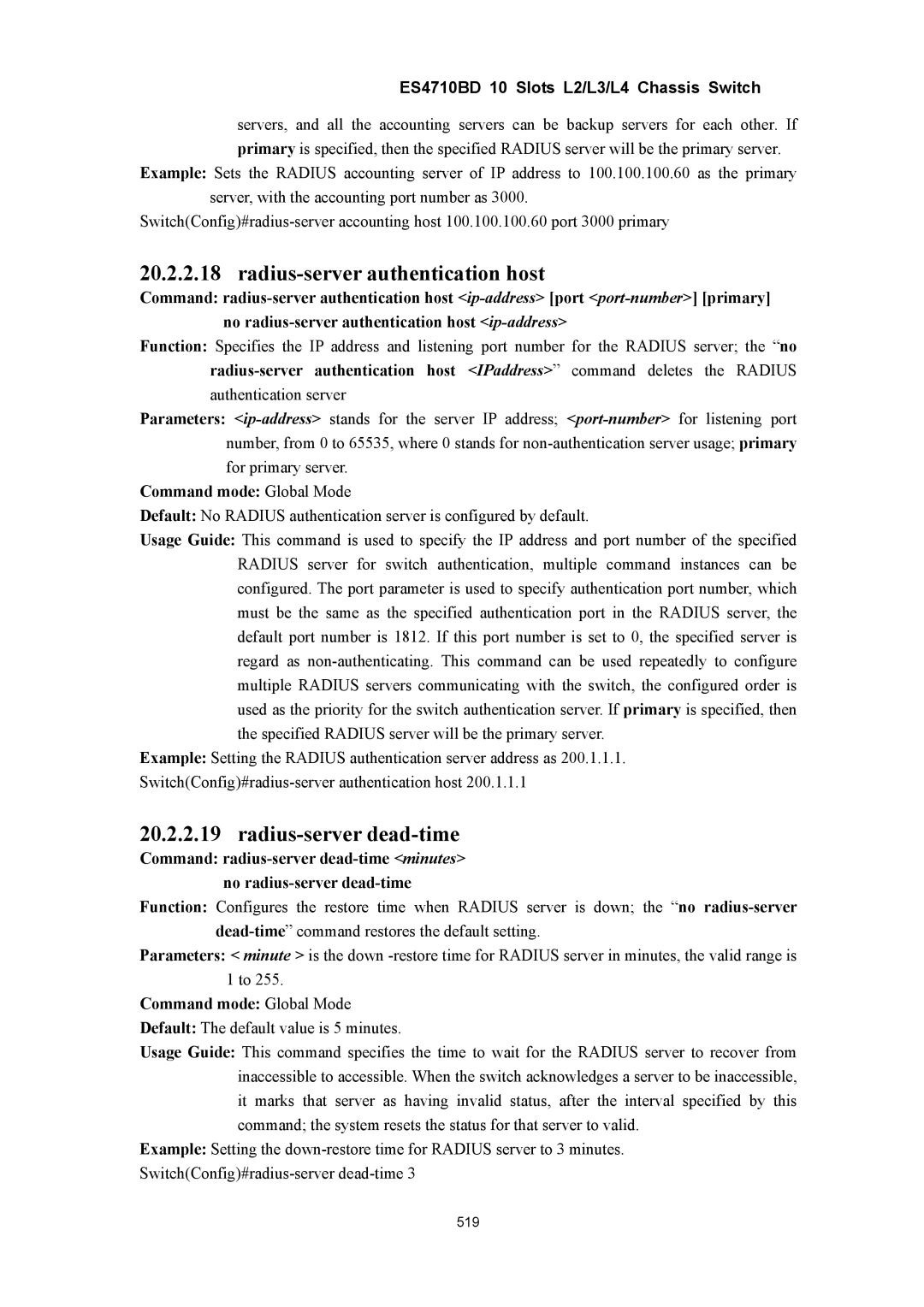 Accton Technology ES4710BD manual Radius-server authentication host, Radius-server dead-time 