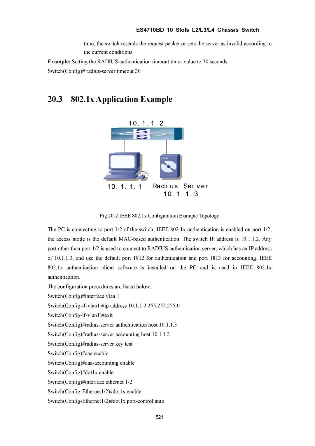 Accton Technology ES4710BD manual 20.3 802.1x Application Example, Radi us Ser v er 10 