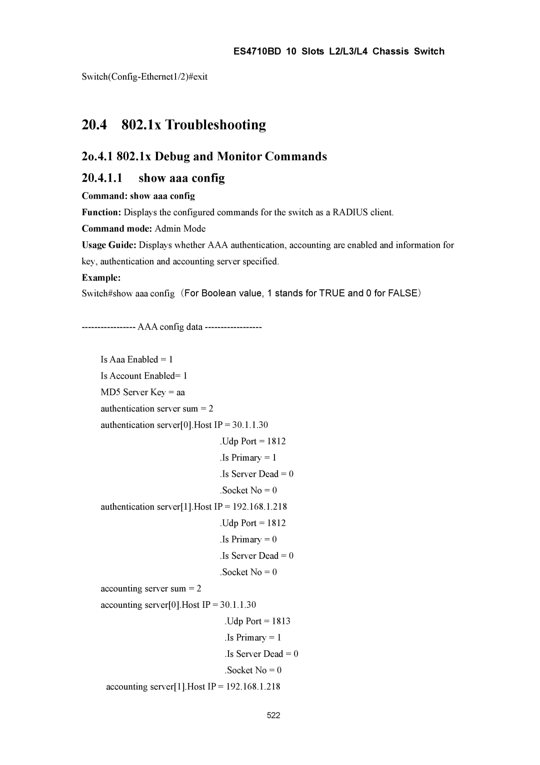 Accton Technology ES4710BD manual 20.4 802.1x Troubleshooting, 2o.4.1 802.1x Debug and Monitor Commands Show aaa config 