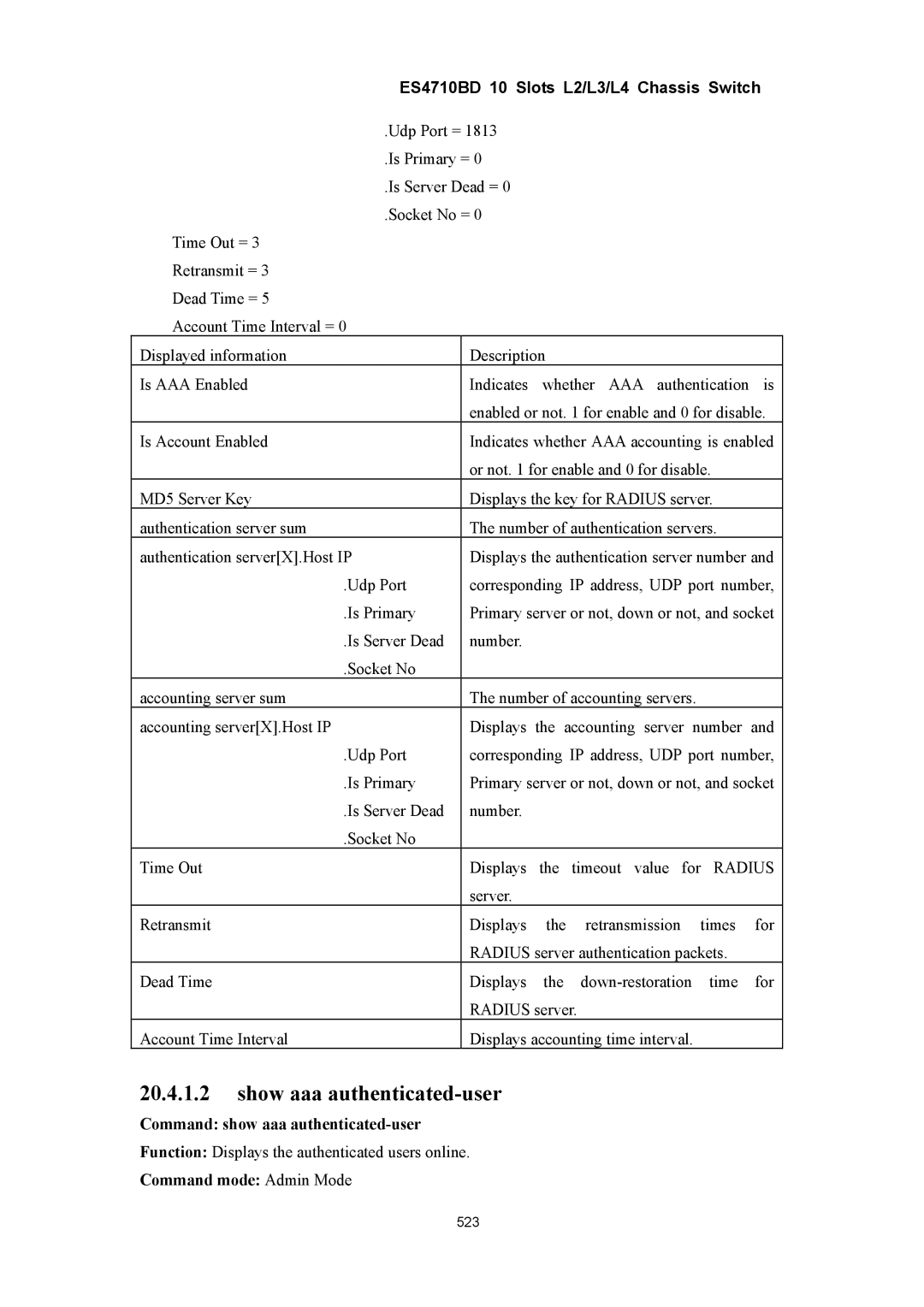 Accton Technology ES4710BD manual Show aaa authenticated-user, Command show aaa authenticated-user 