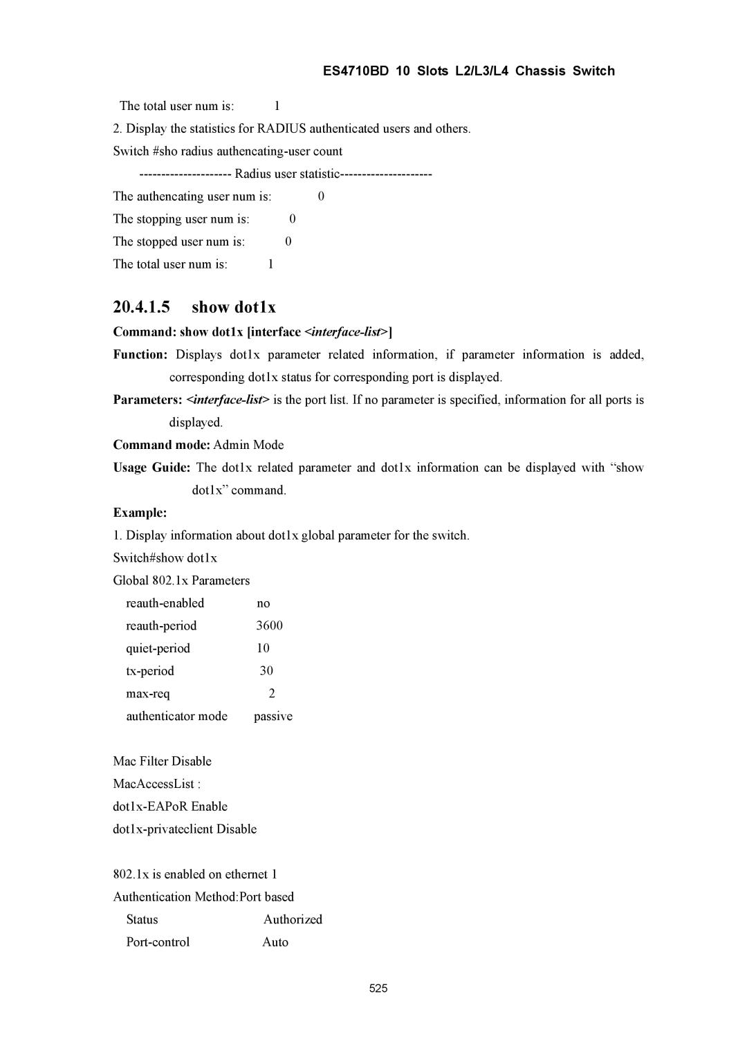 Accton Technology ES4710BD manual Show dot1x, Command show dot1x interface interface-list 