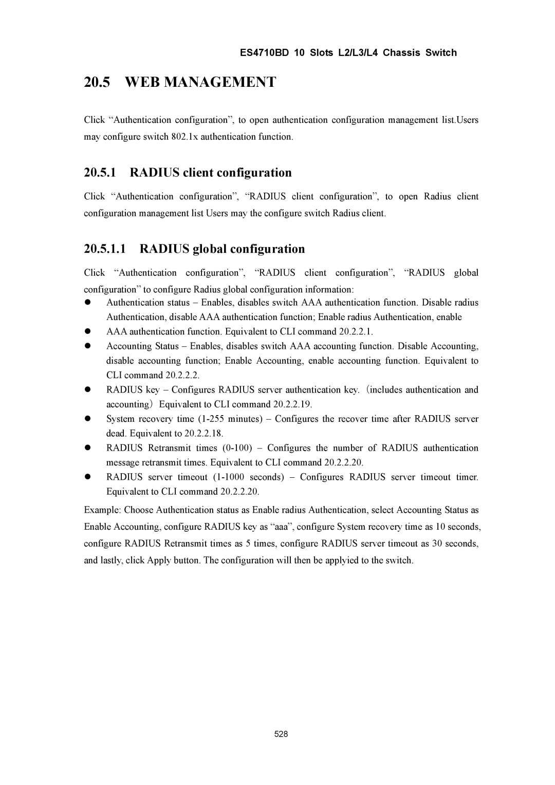 Accton Technology ES4710BD manual Radius client configuration, Radius global configuration 