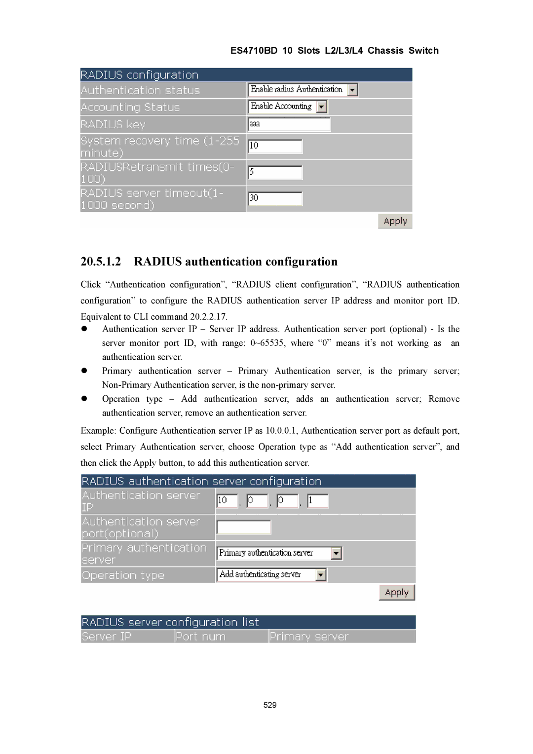 Accton Technology ES4710BD manual Radius authentication configuration 