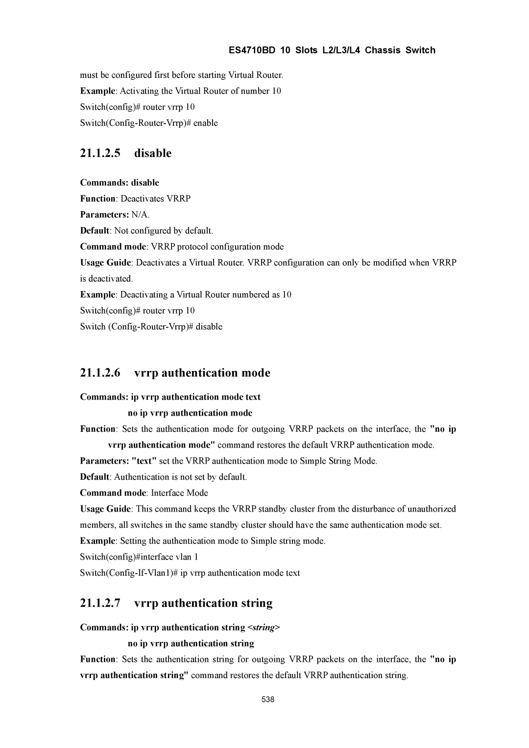 Accton Technology ES4710BD manual Disable, Vrrp authentication mode, Vrrp authentication string, Commands disable 