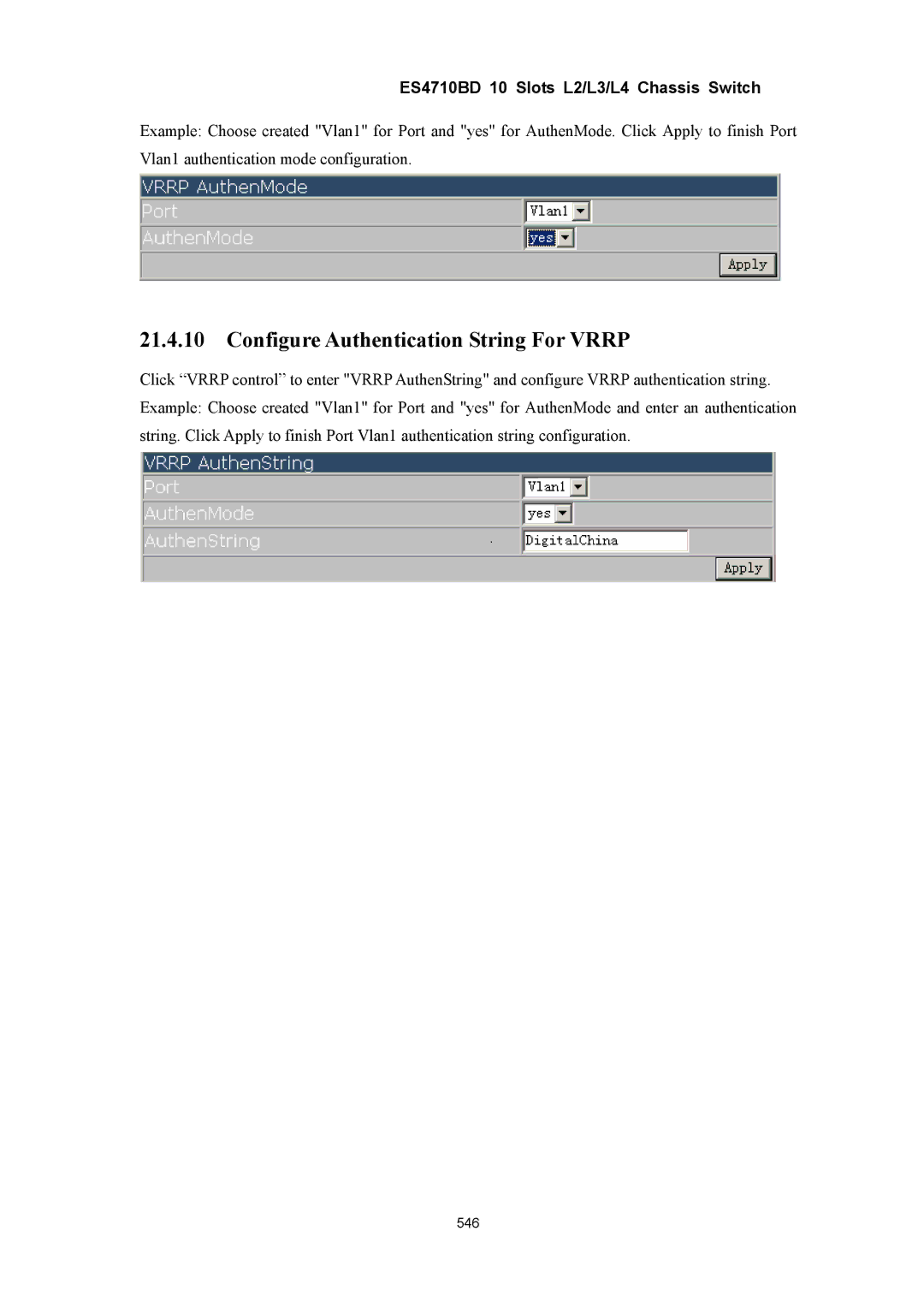 Accton Technology ES4710BD manual Configure Authentication String For Vrrp 