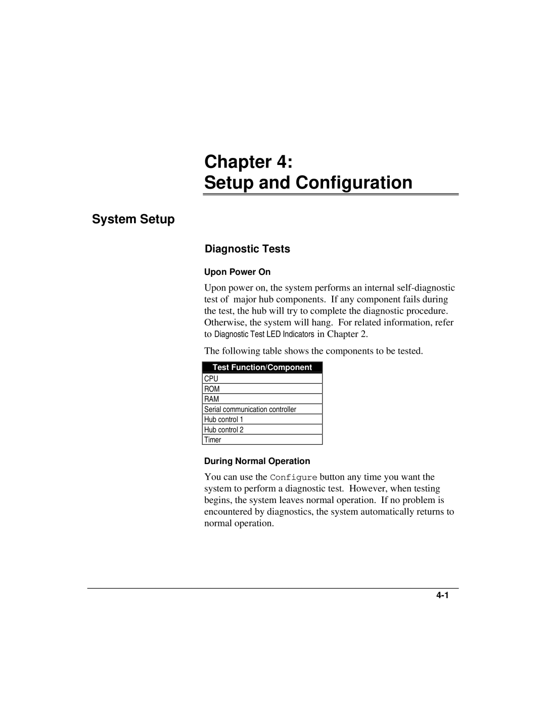 Accton Technology ETHERHUB-16SE installation manual Chapter Setup and Configuration, System Setup, Diagnostic Tests 