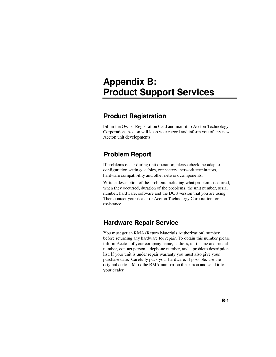 Accton Technology ETHERHUB-16SE Appendix B Product Support Services, Product Registration, Problem Report 