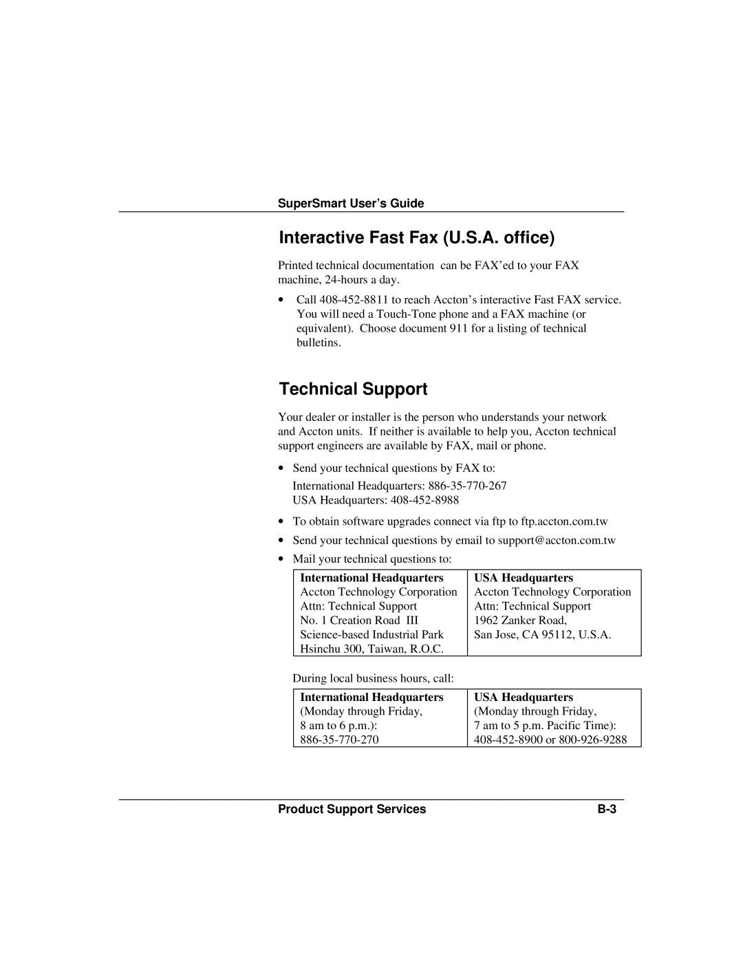 Accton Technology ETHERHUB-16SE installation manual Interactive Fast Fax U.S.A. office, Technical Support 