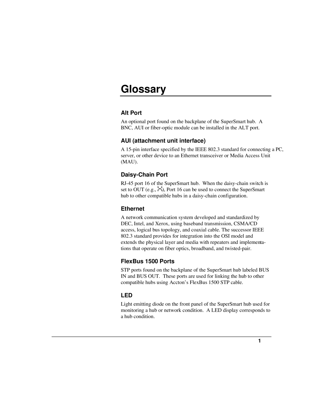 Accton Technology ETHERHUB-16SE installation manual Glossary, Alt Port 