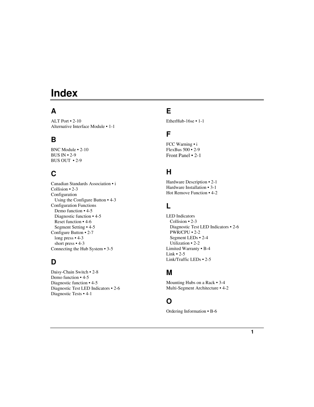 Accton Technology ETHERHUB-16SE installation manual Index, Front Panel 