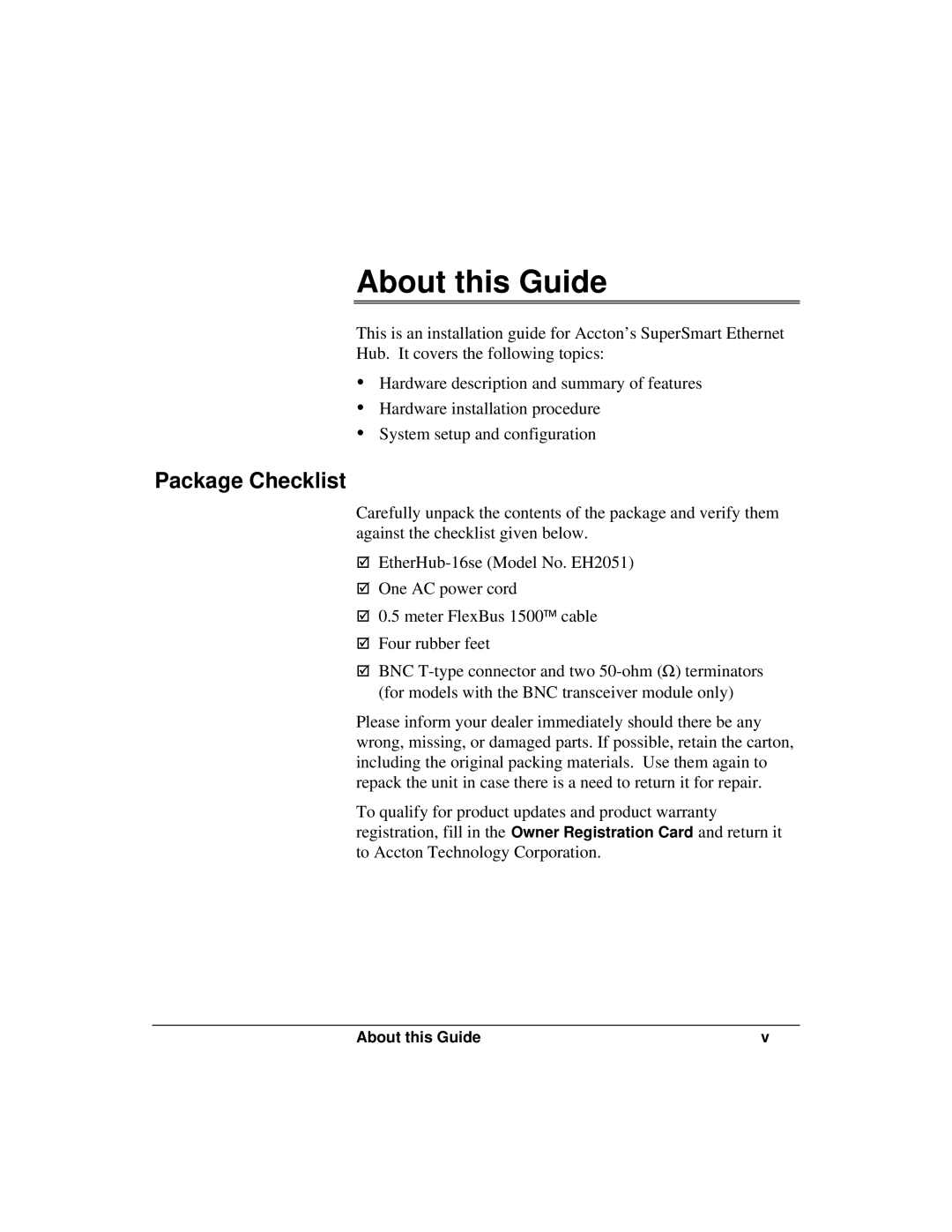 Accton Technology ETHERHUB-16SE installation manual About this Guide, Package Checklist 