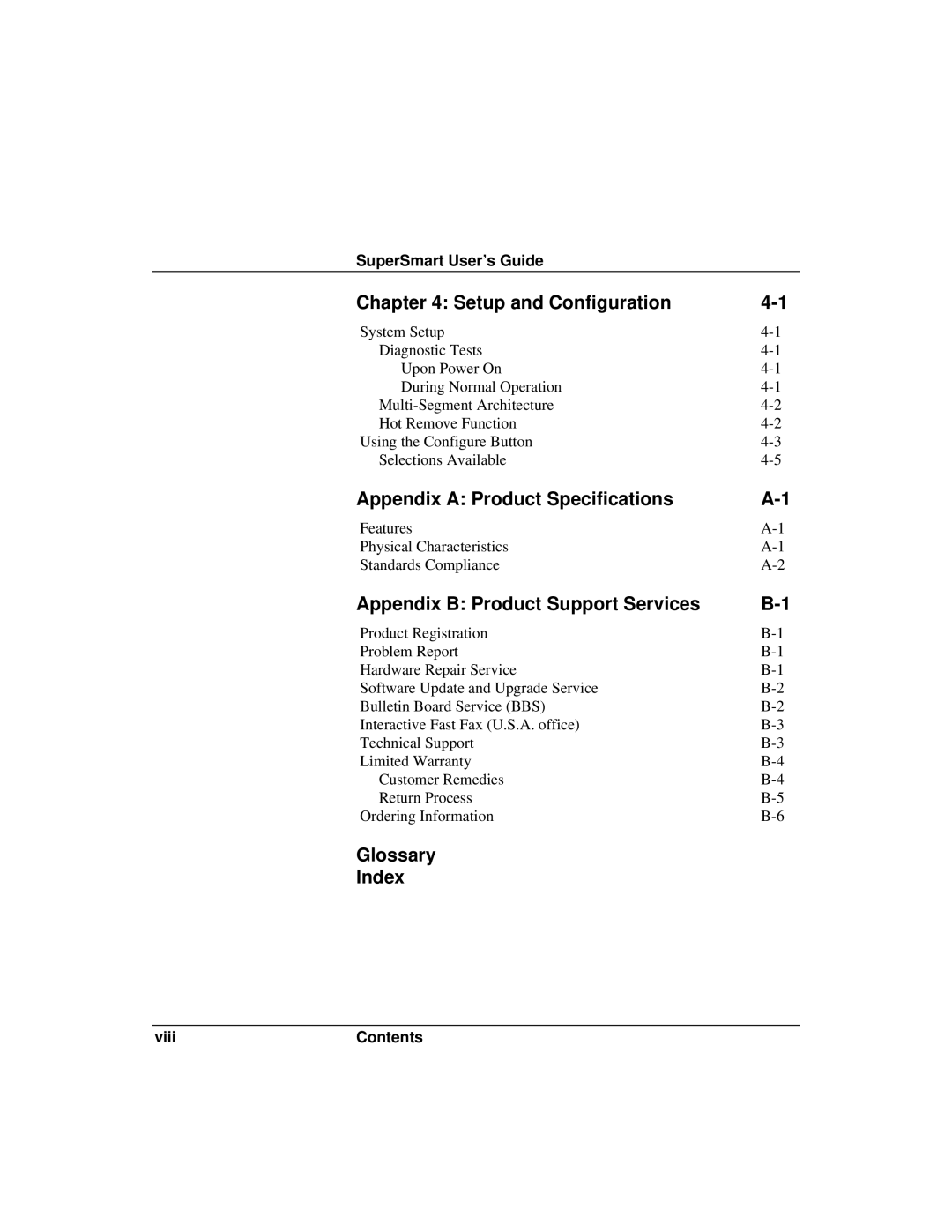 Accton Technology ETHERHUB-16SE Setup and Configuration, Appendix a Product Specifications, Glossary Index 