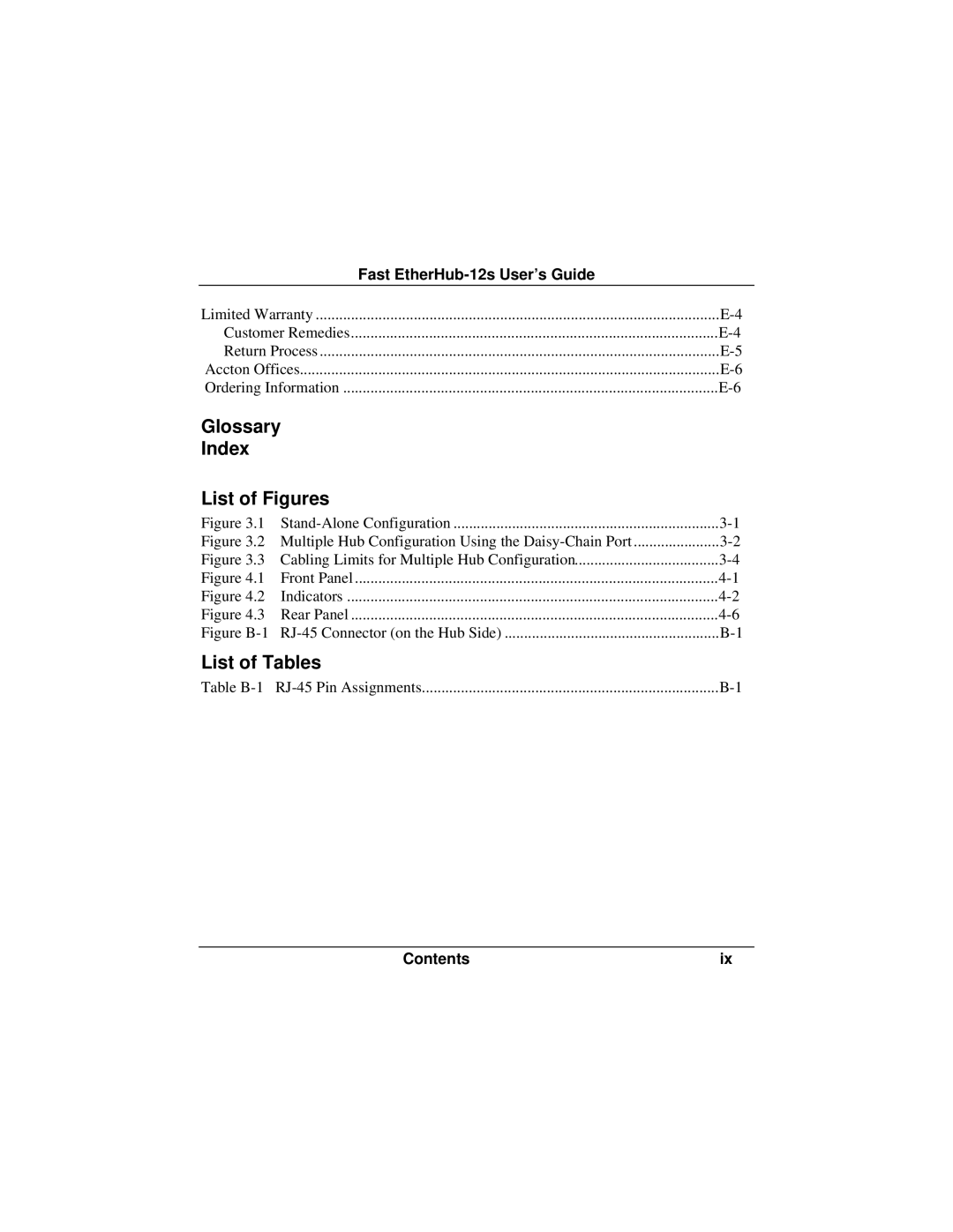 Accton Technology FAST ETHERHUB-12S manual Glossary Index List of Figures, List of Tables 