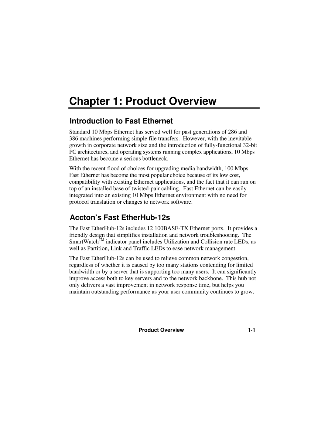 Accton Technology FAST ETHERHUB-12S manual Product Overview, Introduction to Fast Ethernet, Accton’s Fast EtherHub-12s 