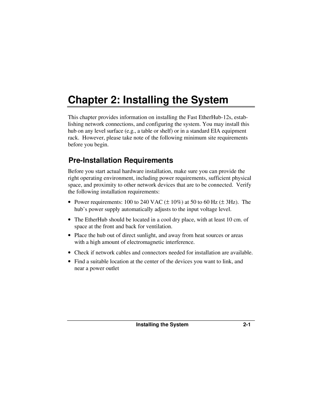 Accton Technology FAST ETHERHUB-12S manual Installing the System, Pre-Installation Requirements 