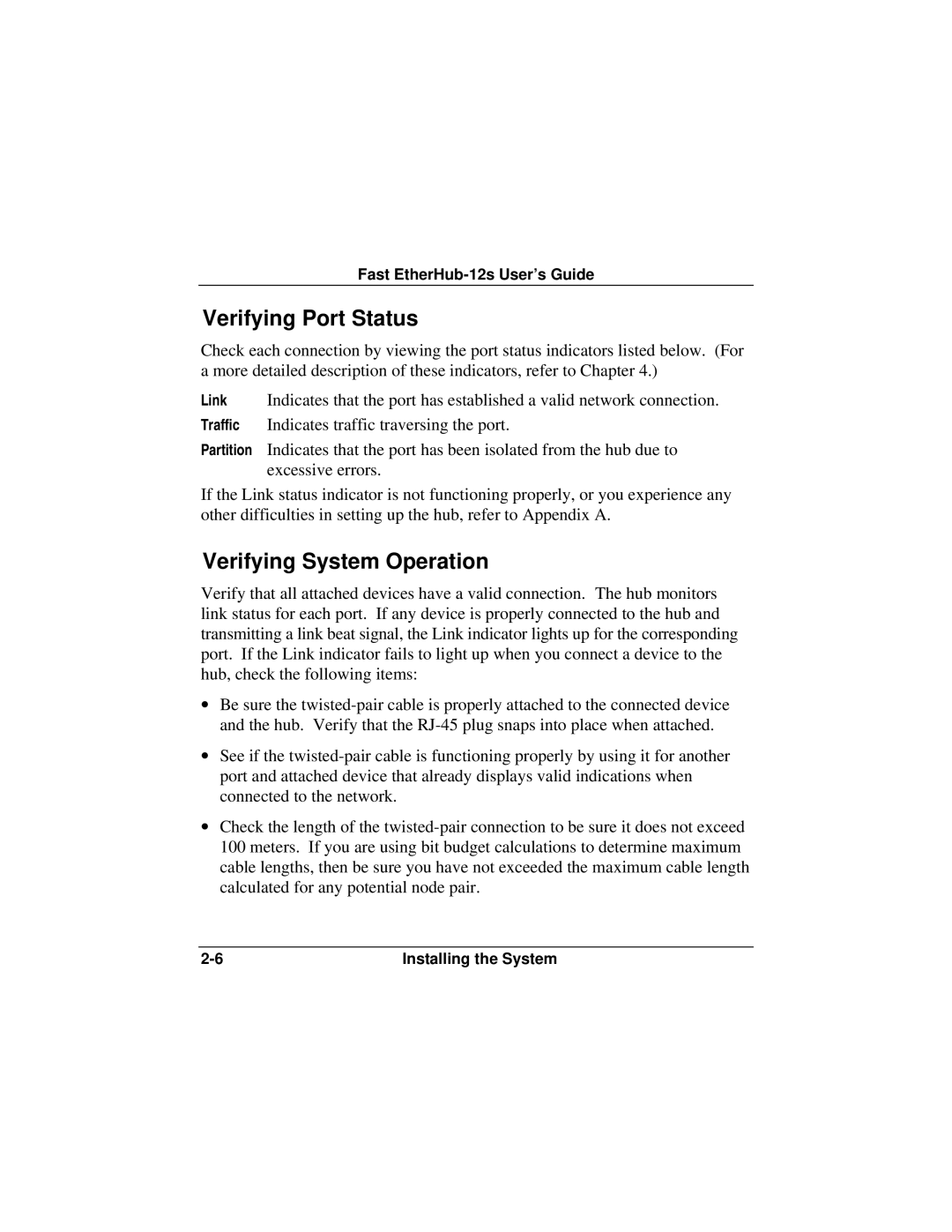 Accton Technology FAST ETHERHUB-12S manual Verifying Port Status, Verifying System Operation 