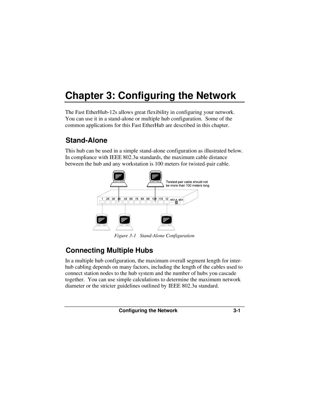 Accton Technology FAST ETHERHUB-12S manual Configuring the Network, Stand-Alone, Connecting Multiple Hubs 