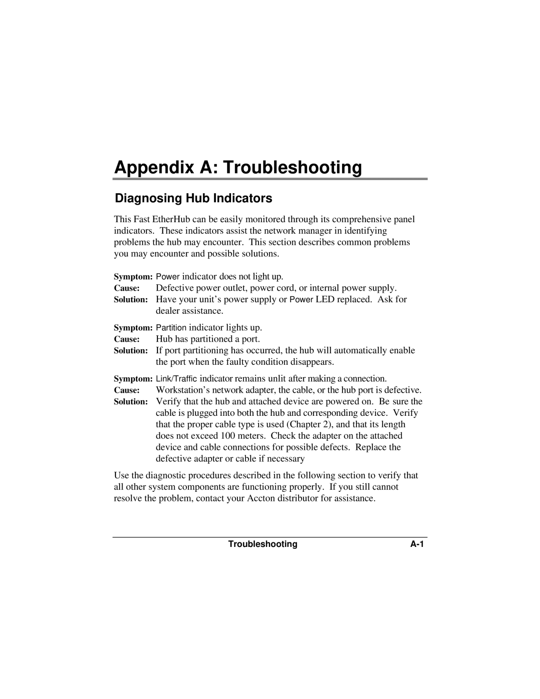 Accton Technology FAST ETHERHUB-12S manual Appendix a Troubleshooting, Diagnosing Hub Indicators 