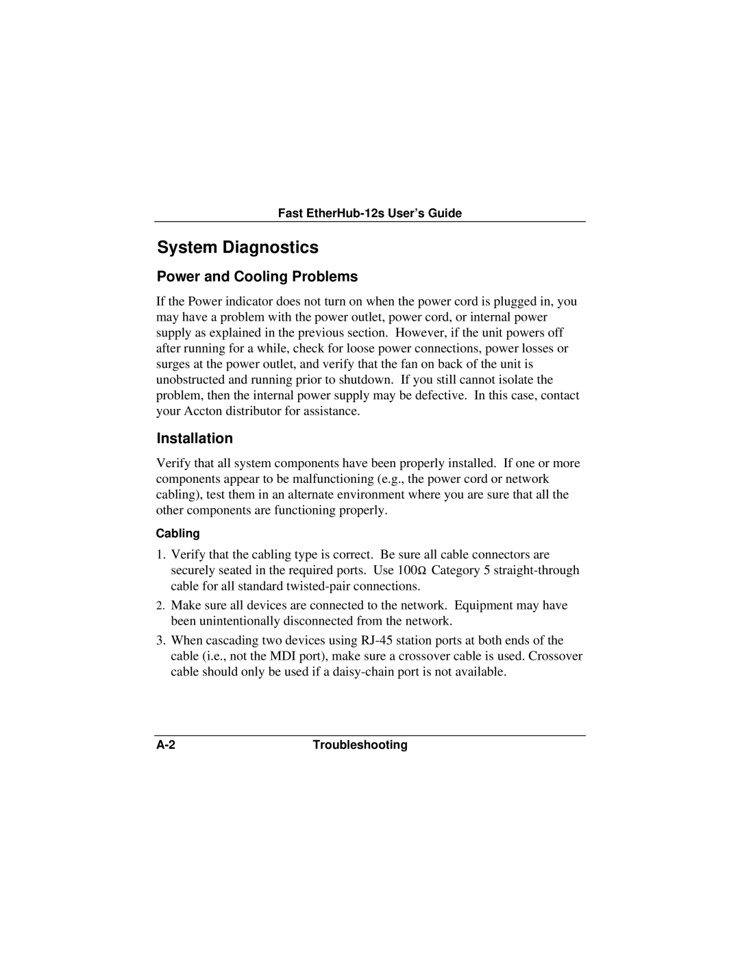 Accton Technology FAST ETHERHUB-12S manual System Diagnostics, Power and Cooling Problems, Installation 