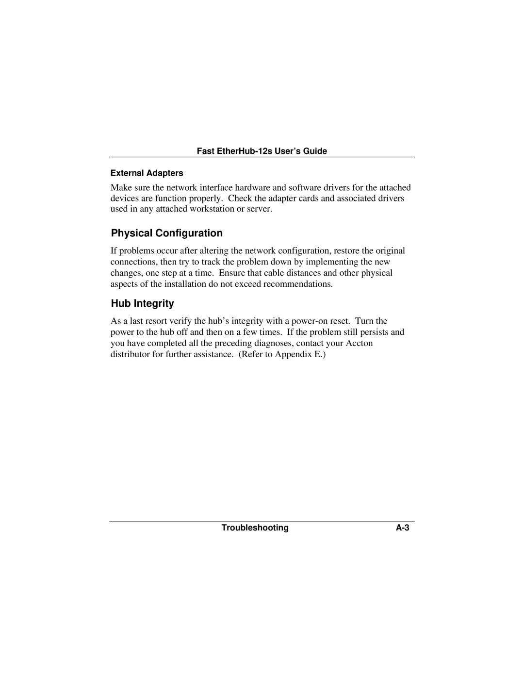 Accton Technology FAST ETHERHUB-12S manual Physical Configuration, Hub Integrity 