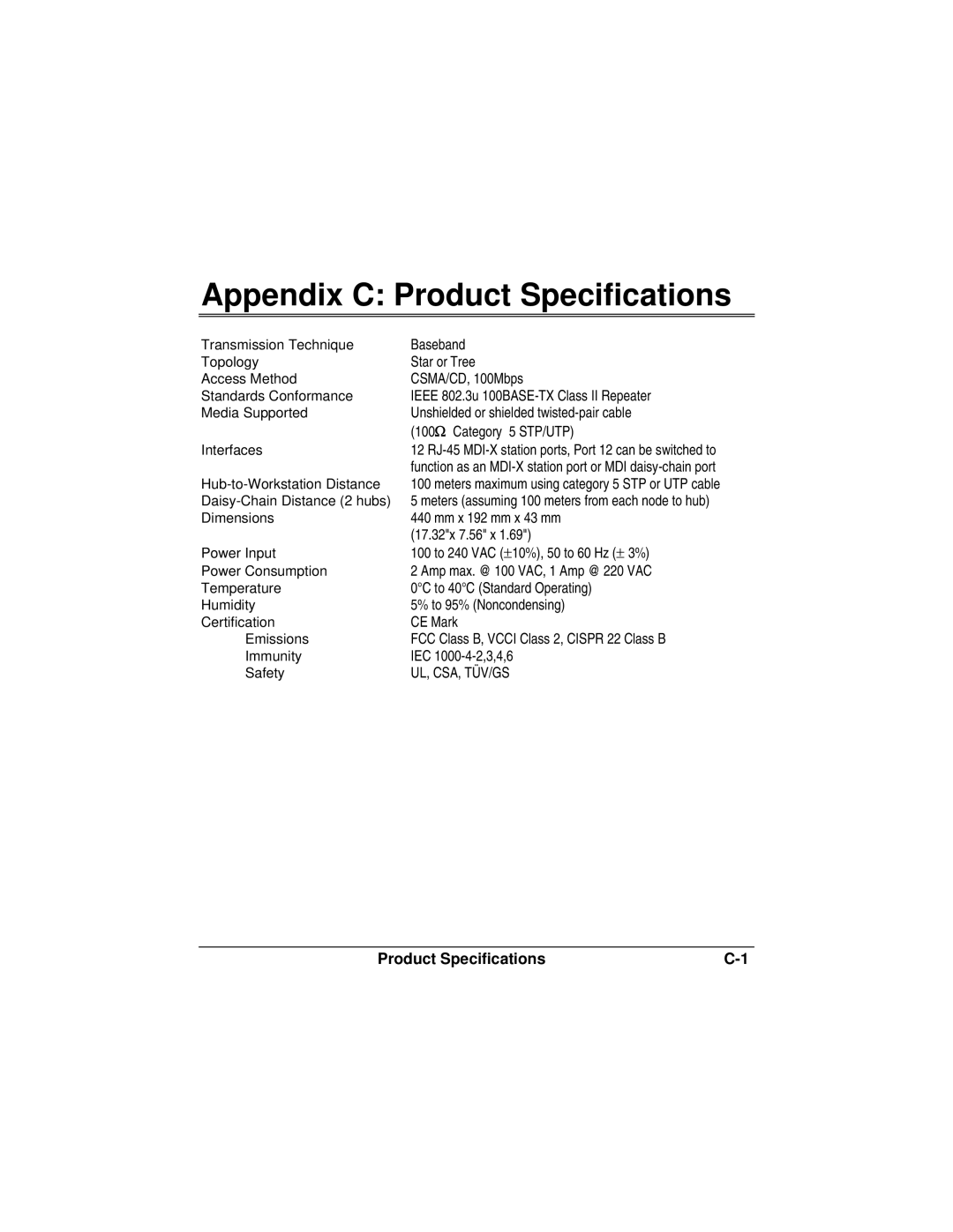 Accton Technology FAST ETHERHUB-12S manual Appendix C Product Specifications, Category 5 STP/UTP 