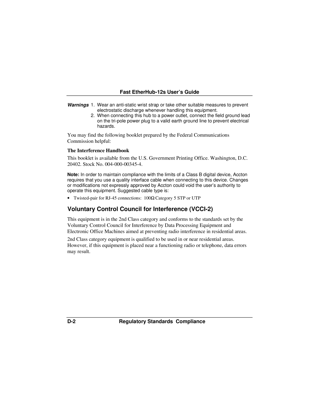 Accton Technology FAST ETHERHUB-12S manual Voluntary Control Council for Interference VCCI-2 