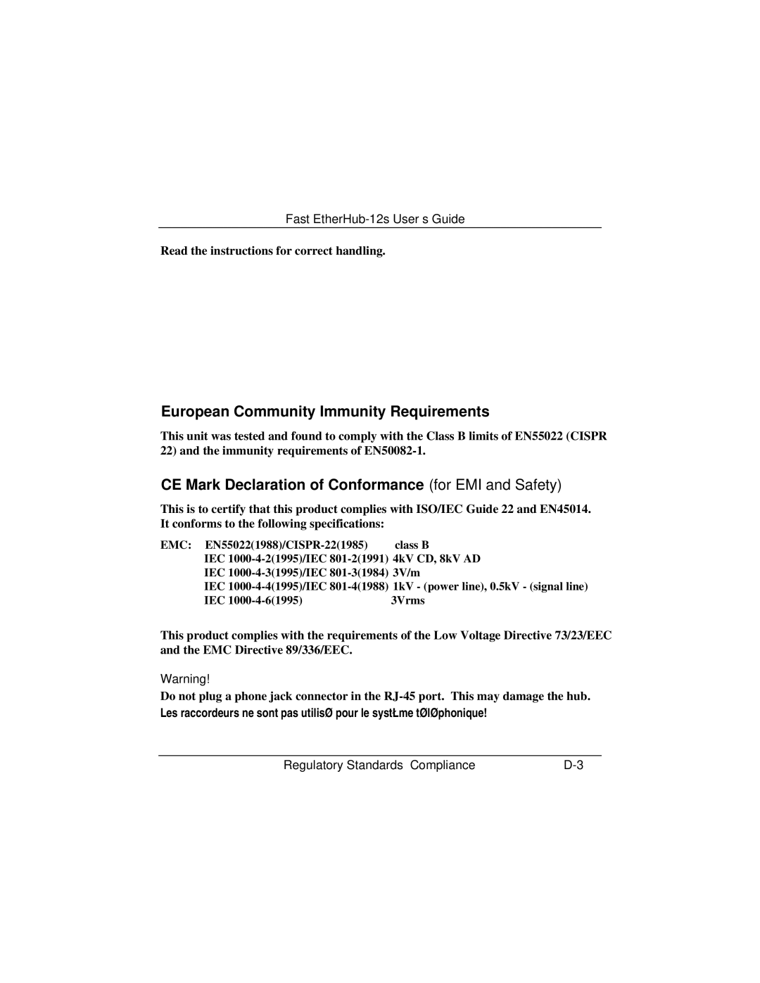 Accton Technology FAST ETHERHUB-12S manual European Community Immunity Requirements 