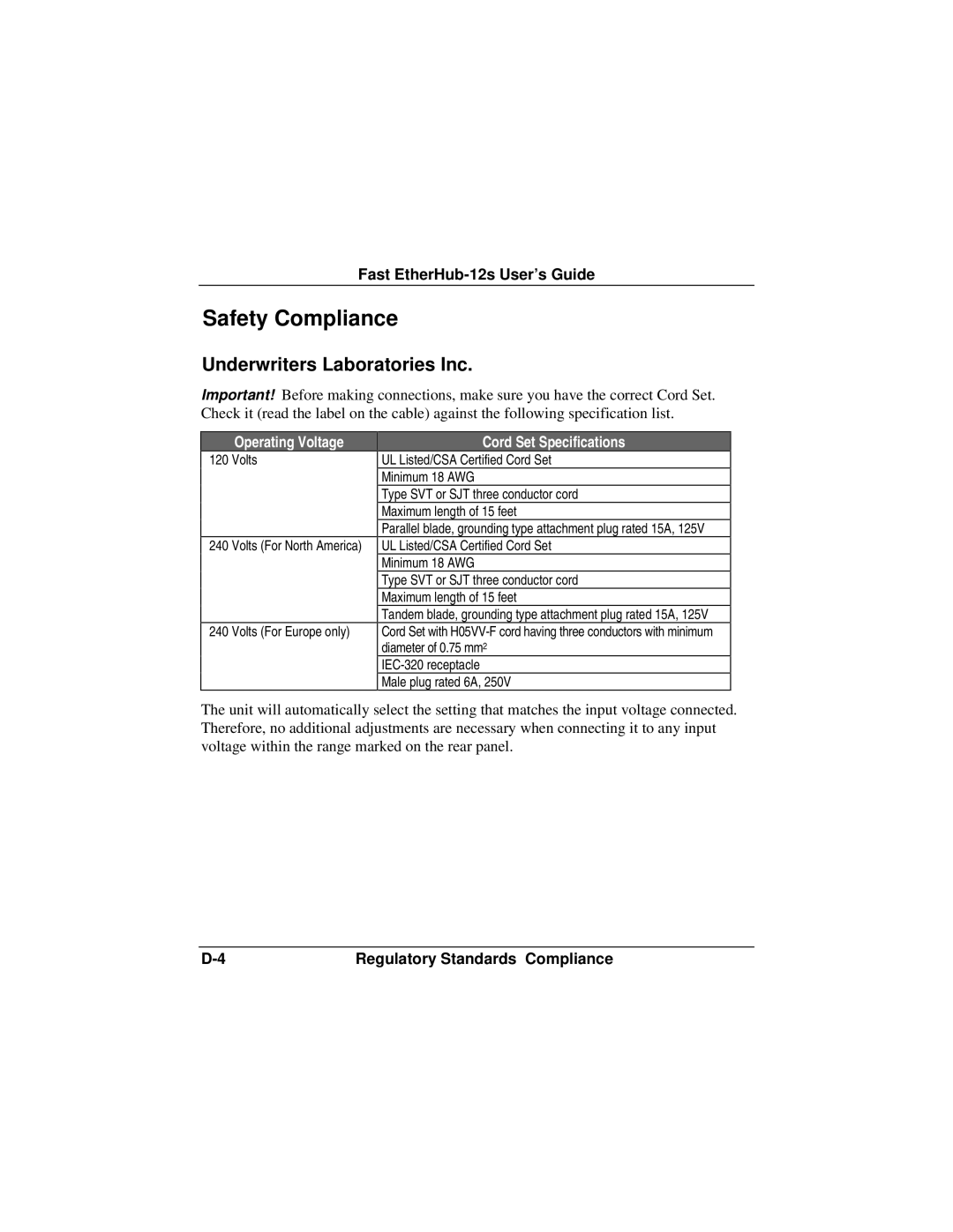 Accton Technology FAST ETHERHUB-12S manual Safety Compliance, Underwriters Laboratories Inc 