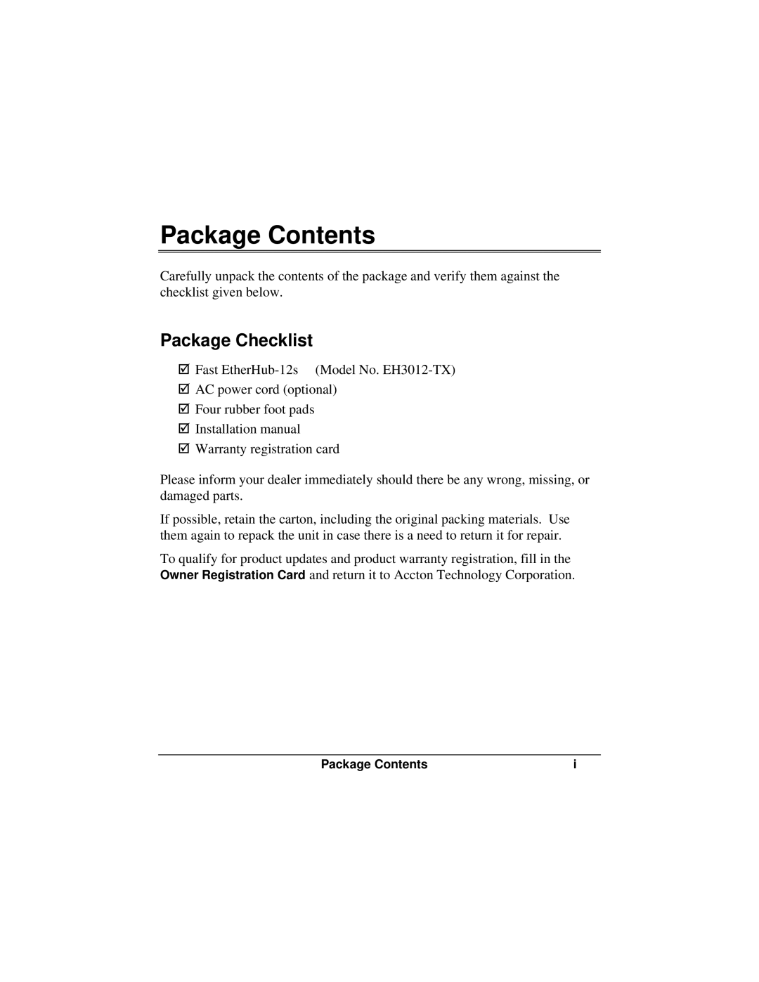 Accton Technology FAST ETHERHUB-12S manual Package Contents 