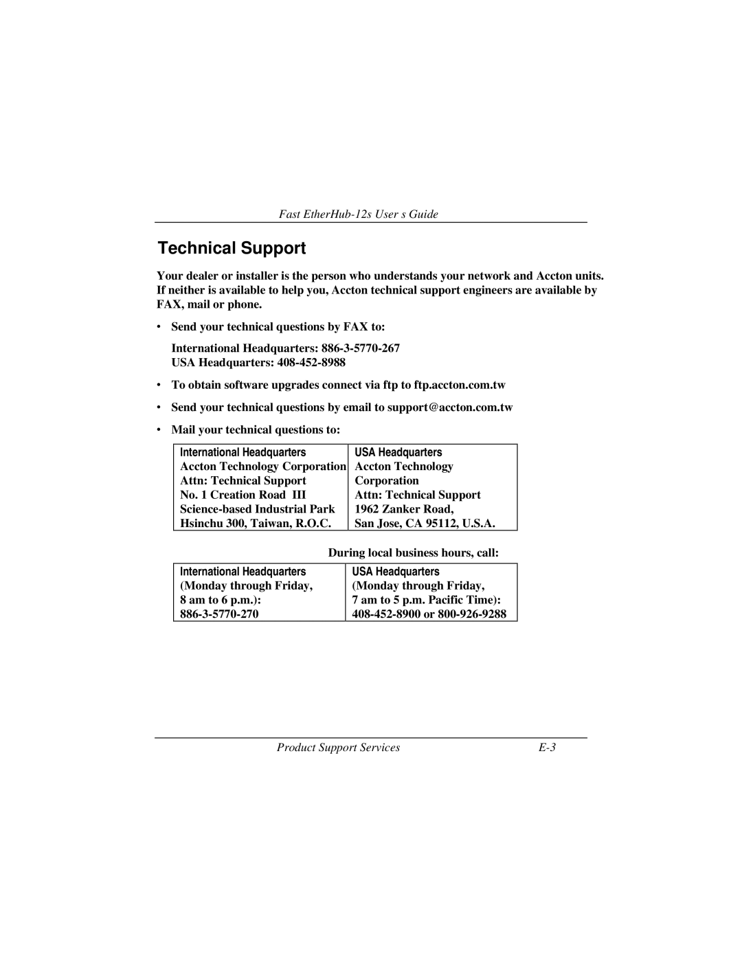 Accton Technology FAST ETHERHUB-12S manual Technical Support, International Headquarters USA Headquarters 