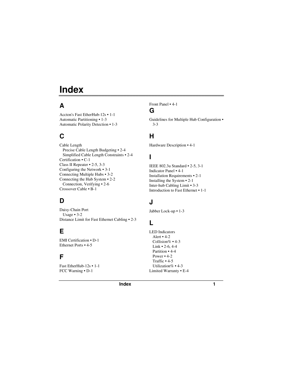 Accton Technology FAST ETHERHUB-12S manual Index 