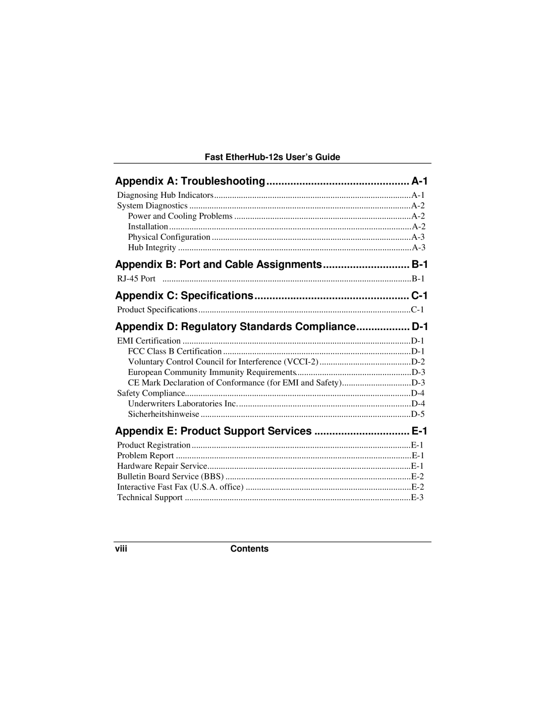 Accton Technology FAST ETHERHUB-12S manual Appendix a Troubleshooting, Appendix B Port and Cable Assignments 