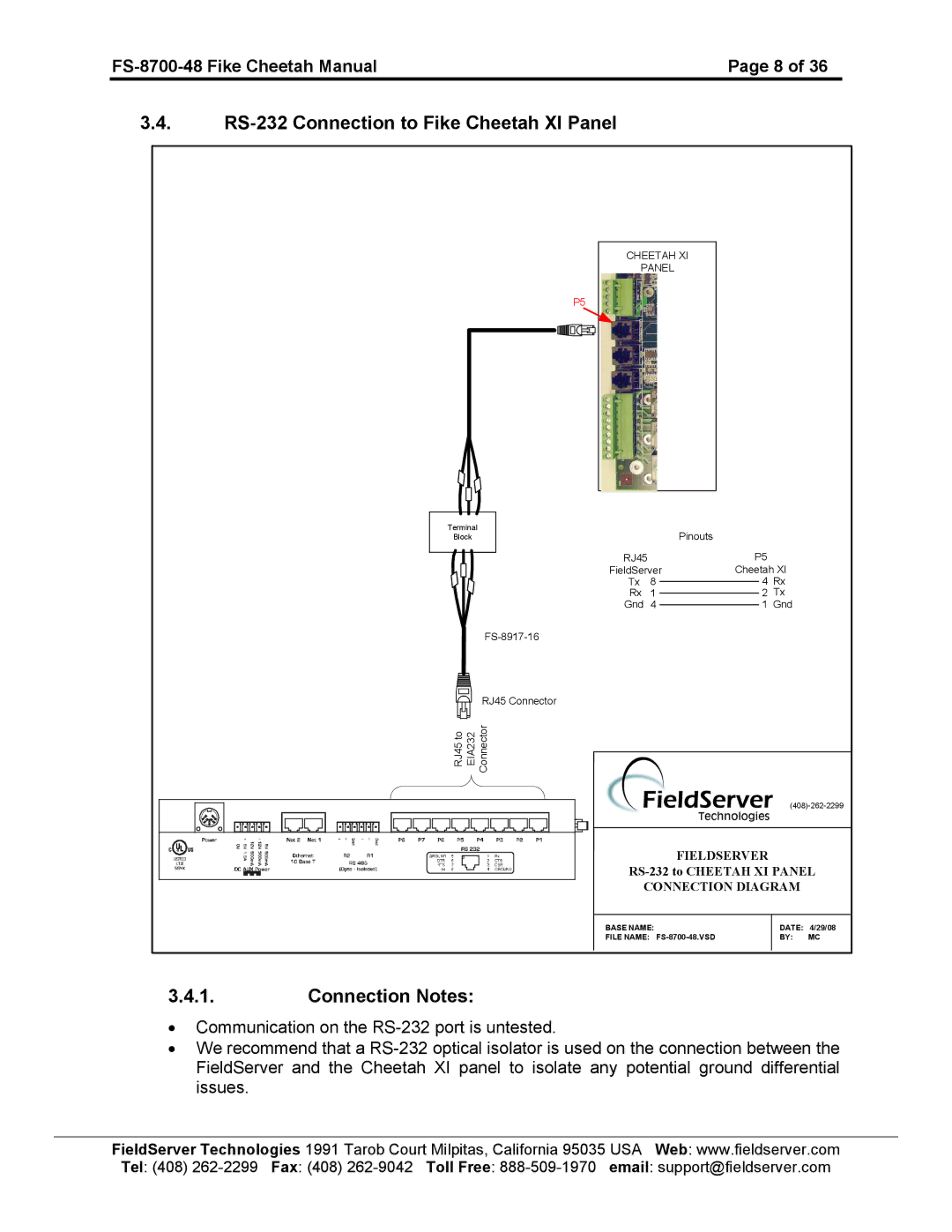 Accton Technology FS-8700-48 instruction manual RS-232 Connection to Fike Cheetah XI Panel, Connection Notes 