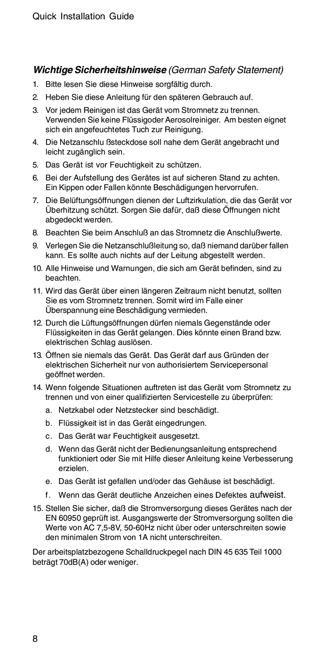 Accton Technology POWER-3004E manual Wichtige Sicherheitshinweise German Safety Statement 