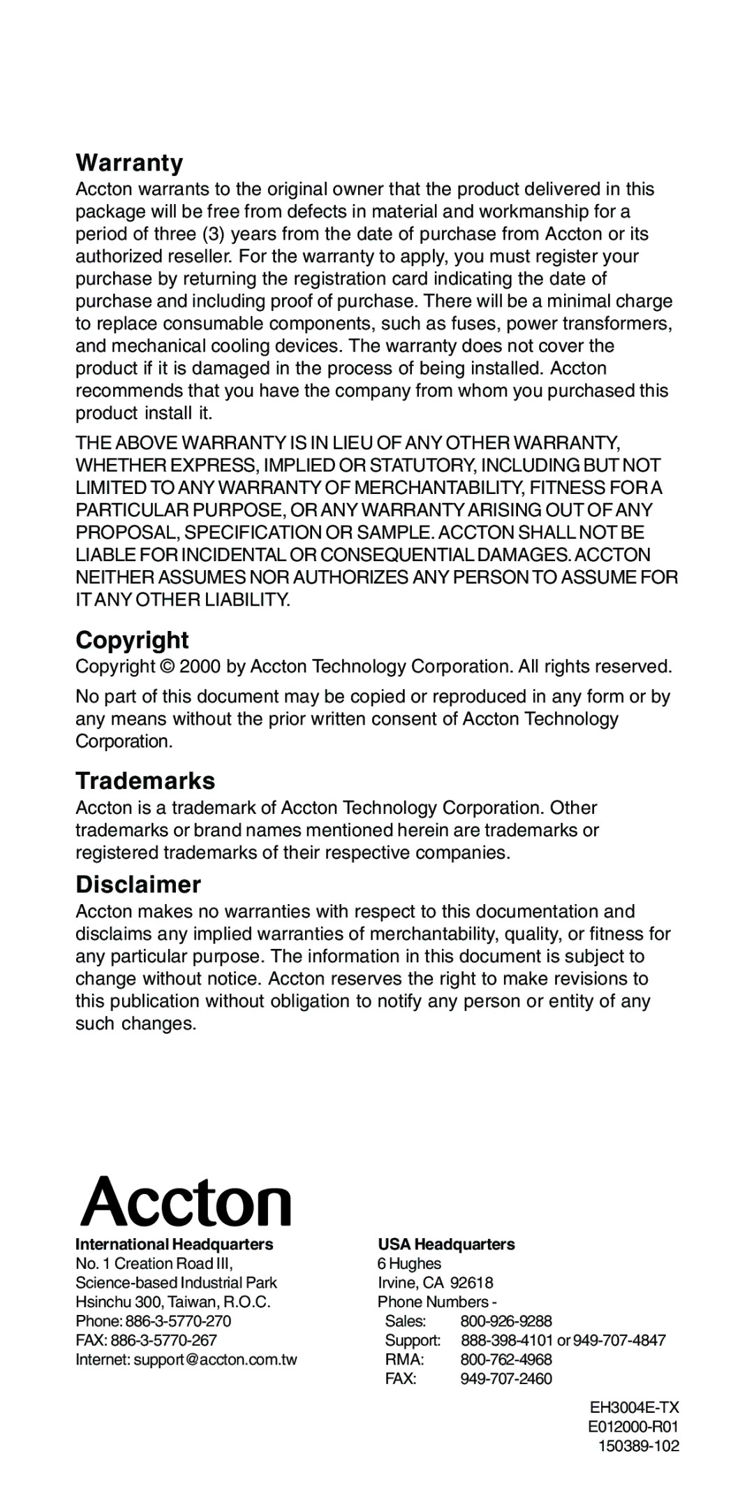 Accton Technology POWER-3004E manual Warranty, International Headquarters USA Headquarters 