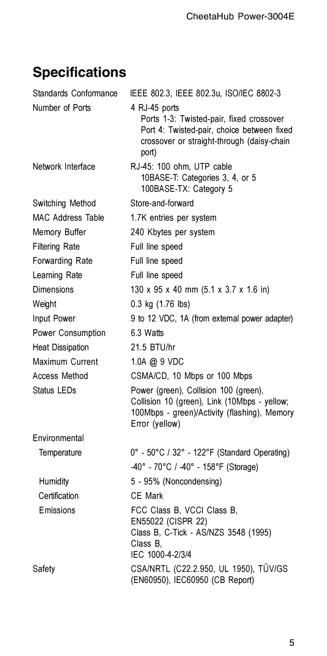 Accton Technology POWER-3004E manual Specifications, Number of Ports RJ-45 ports 