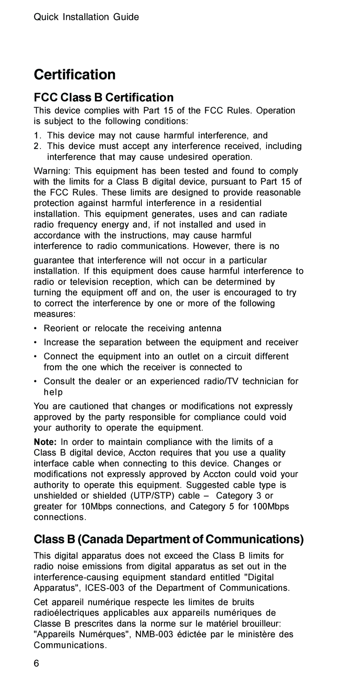 Accton Technology POWER-3004E manual FCC Class B Certification 