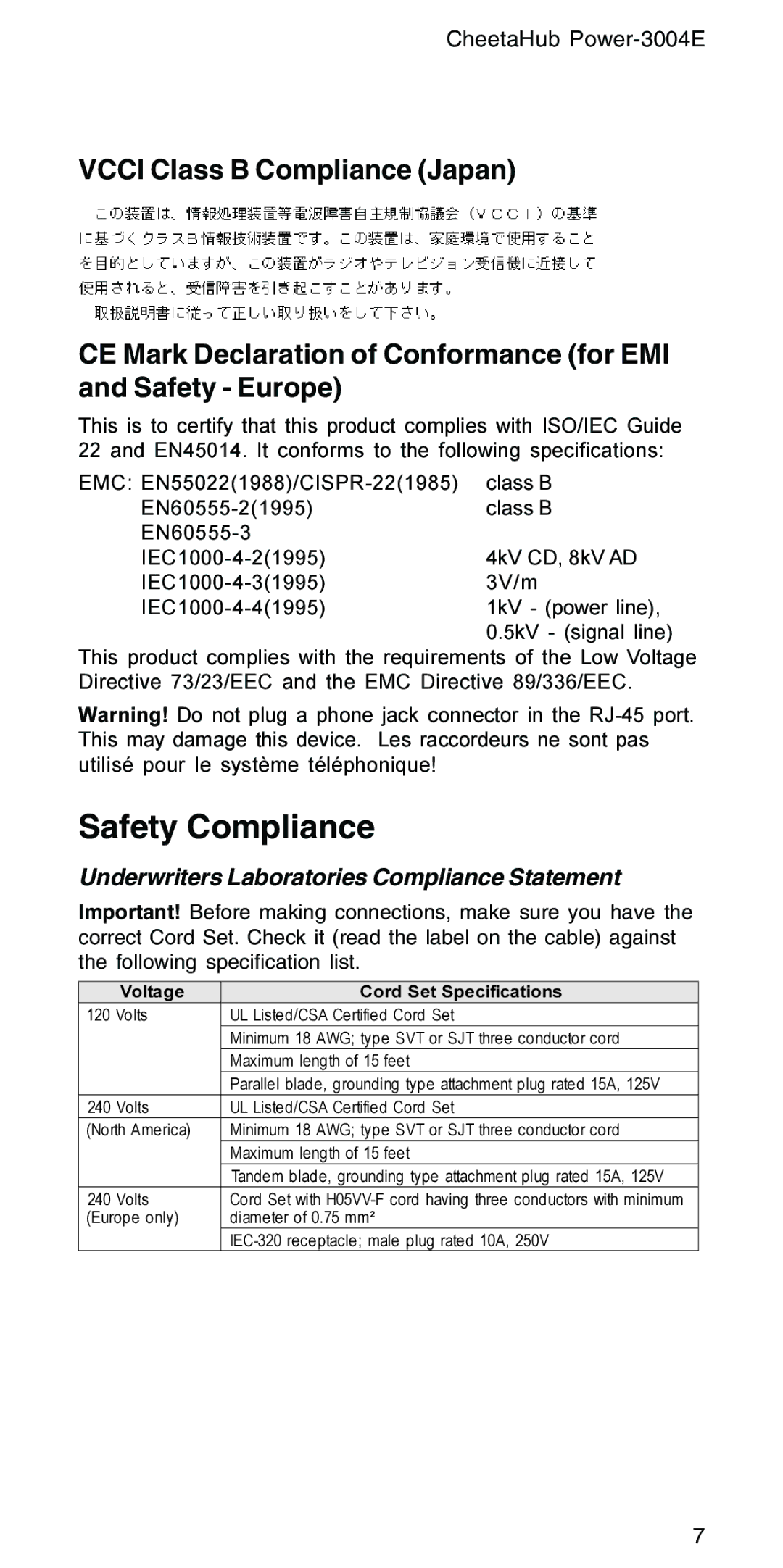 Accton Technology POWER-3004E manual Safety Compliance, Voltage Cord Set Specifications 