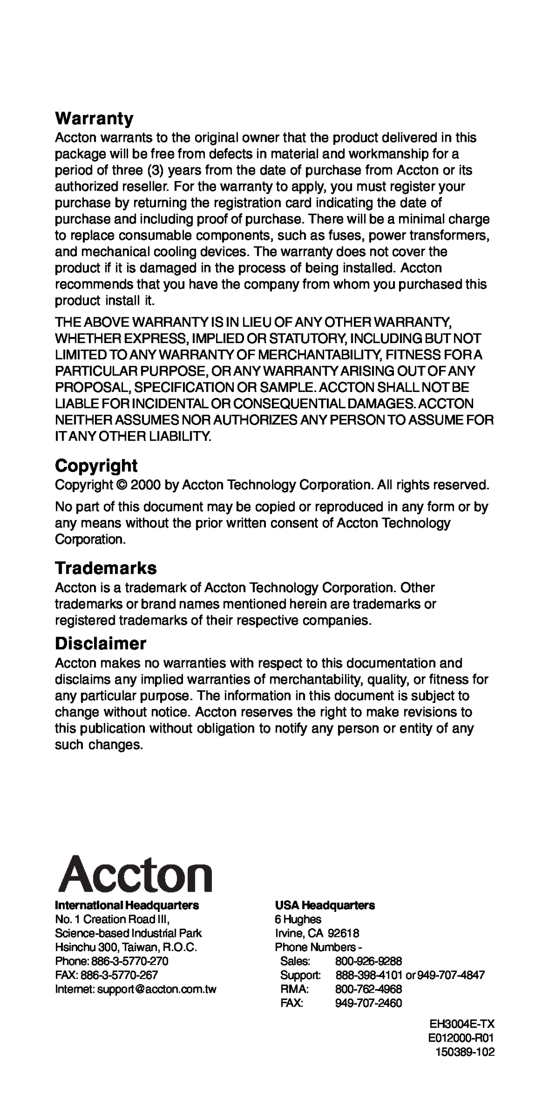 Accton Technology POWER-3004E Warranty, Copyright, Trademarks, Disclaimer, International Headquarters, USA Headquarters 