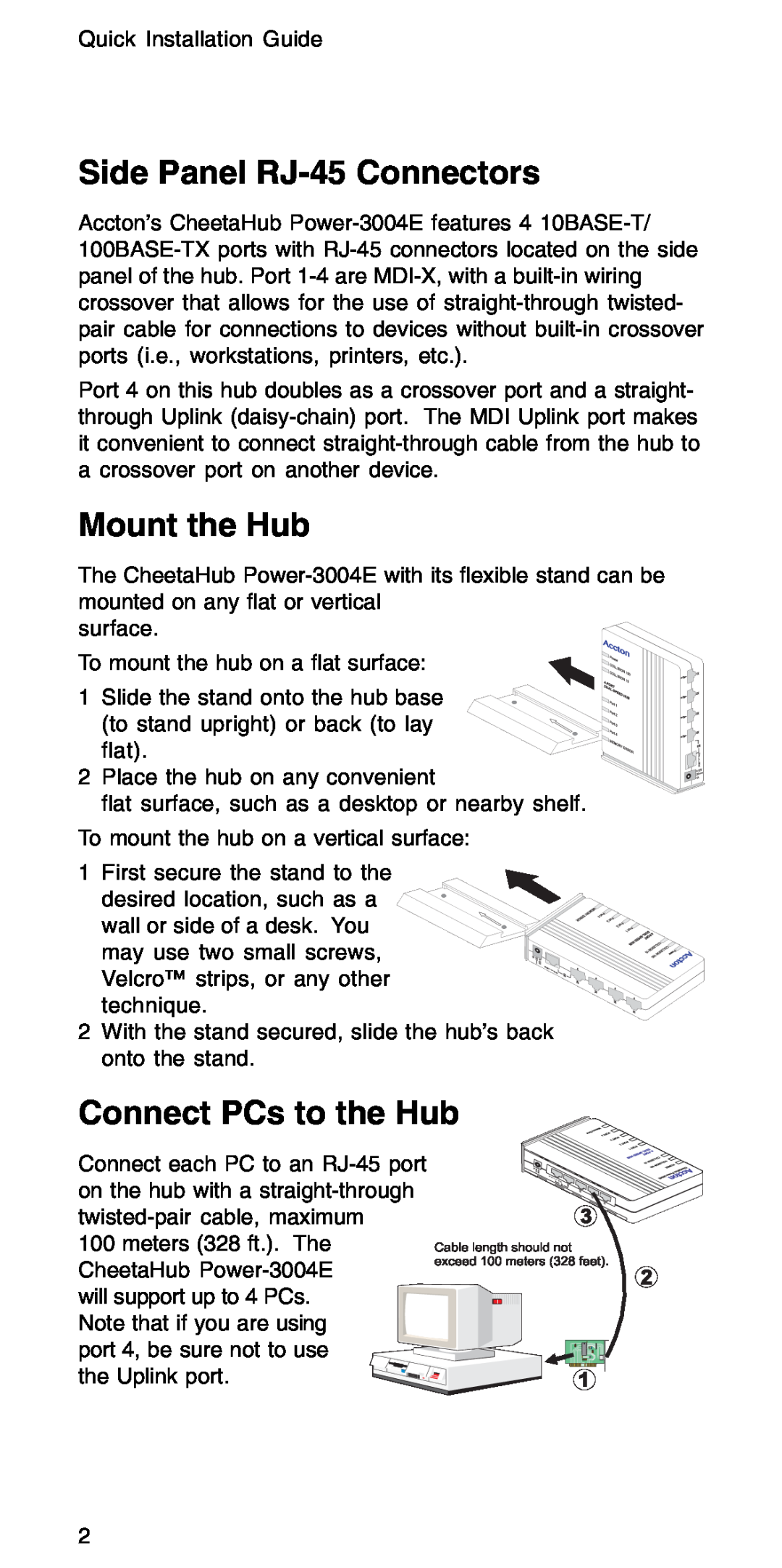 Accton Technology POWER-3004E manual Side Panel RJ-45Connectors, Mount the Hub, Connect PCs to the Hub 