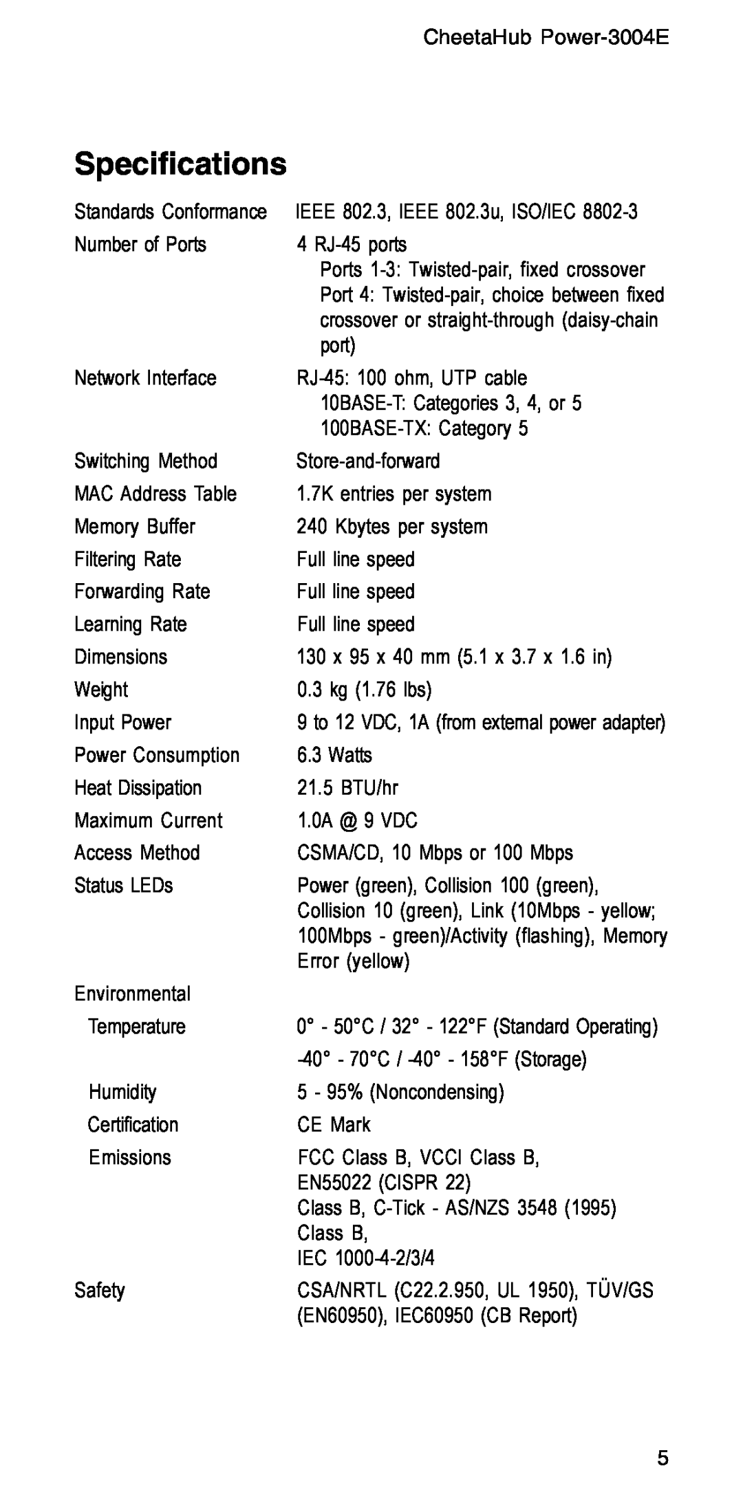 Accton Technology POWER-3004E manual Specifications 