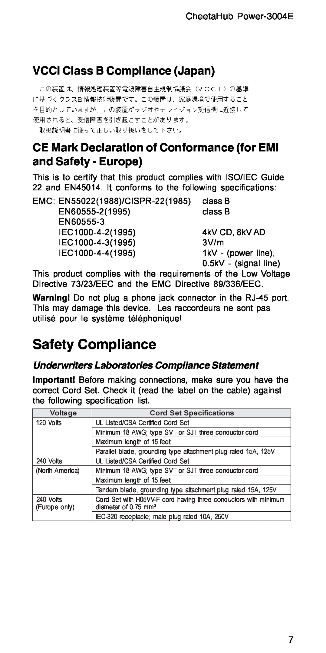 Accton Technology POWER-3004E manual Safety Compliance, VCCI Class B Compliance Japan 