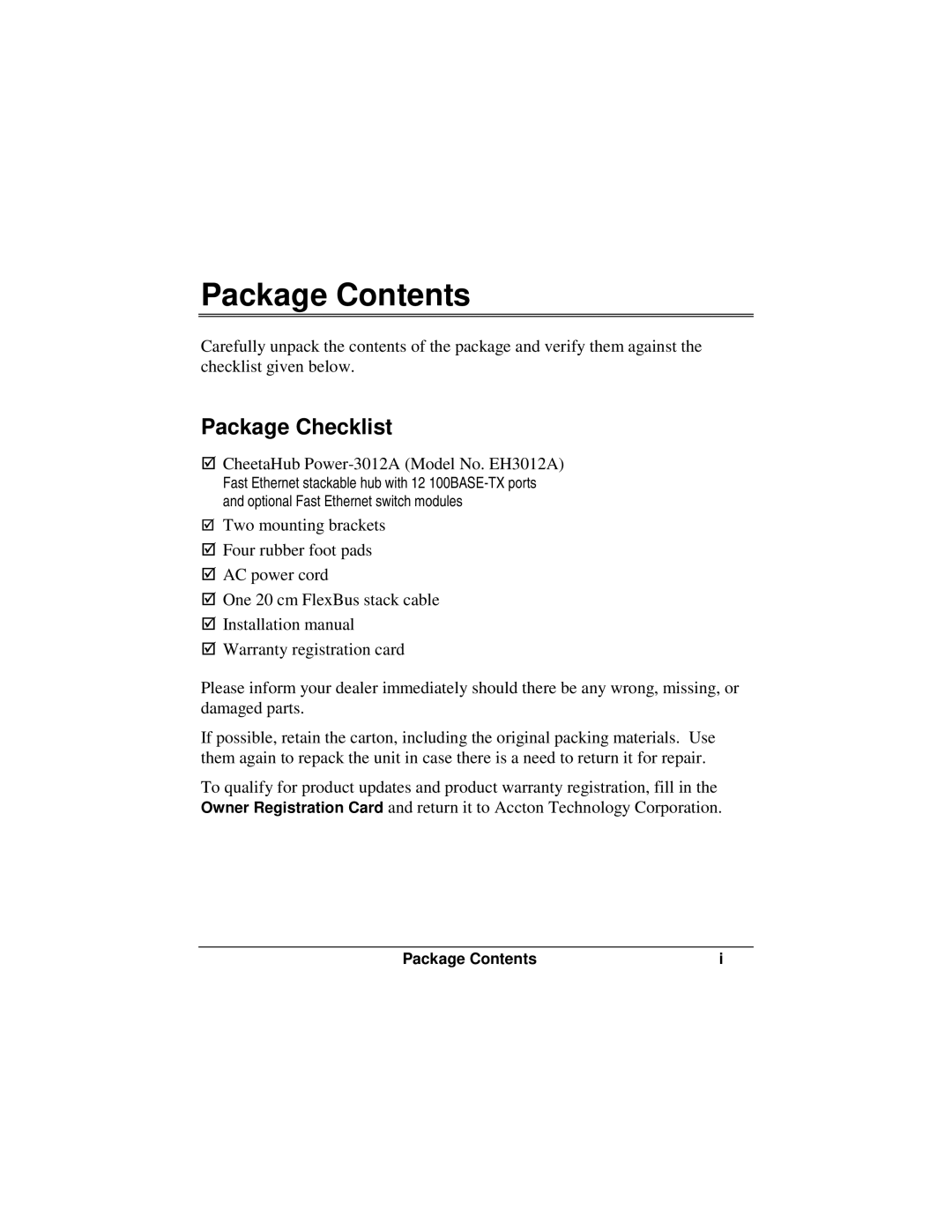 Accton Technology POWER-3012A manual Package Contents 